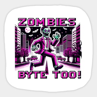 Neon Pink 8-Bit Zombie Chase in Cyberpunk City: Retro Gaming Art Sticker